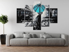 Gario Ručne maľovaný obraz Tyrkysový bozk v daždi - 5 dielny Rozmery: 150 x 70 cm