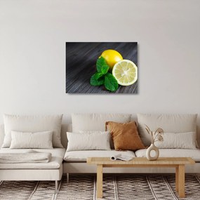 Sklenený obraz citrónov a mäty na stole (70x50 cm)