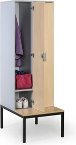 Drevená šatníková skrinka S4 s lavičkou, 2 oddiely, 1871 x 600 x 500/800 mm, demont, RFID zámok, sivá/orech