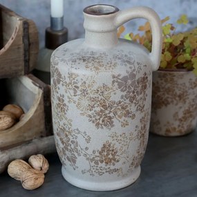 Béžová antik keramická váza s uškom a kvetmi Melun - Ø 13*25 cm