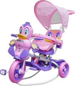 RAMIZ Detský bicykel Purple Duck s 3-kolesovým efektom + zvuky + strecha + bariéra + opierka na nohy + rukoväť + úložný priestor