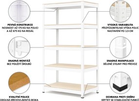 Regál 180x90x30 cm lakovaný 5-policový, nosnosť 875 kg - biely