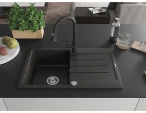 Mexen Bruno, 1-komorový granitový drez 795x495x200 mm a drezová batéria Elia, čierna-zlatá metalíza, 6513-75-670101-70