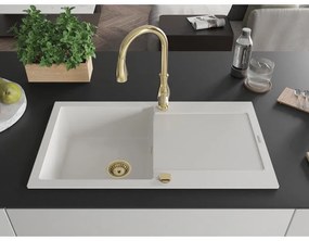 Mexen Leo, 1-komorový granitový drez 900x500x190 mm a drezová batéria Savita, biela, 6501-20-672601-50