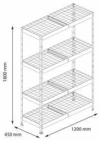Bezskrutkový kovový regál RIVET, 180x120x45 cm, 4x sieťová drôtená polica, zinok