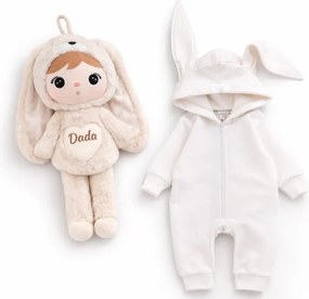 Najkrajší darček pre bábätko – zajačik s menom béžová + overal 62/68 (3-6M)