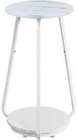 Okrúhly príručný stolík, so sklenenou doskou a poličkou z drevotriesky, mramorovo biely