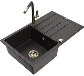 Mexen Bruno, 1-komorový granitový drez 795x495x200 mm a drezová batéria Flora, čierna-zlatá metalíza, 6513-75-670401-57-G