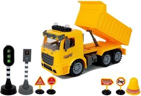 LEAN Toys Súprava sklápacieho nákladiaka 1:14 – dopravné značky, svetlá, radar, žltá