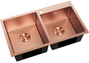 Mexen Xorin, 2-komorový nerezový drez 780 x 450 mm, brúsená meď, 6441782000-65