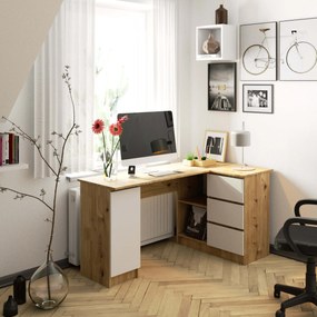 Rohový PC stolík Bevin (dub artisan + biela) (P). Vlastná spoľahlivá doprava až k Vám domov. 1070971