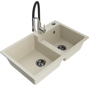 Mexen Tomas, 2-komorový granitový drez 800x500x190 mm a drezová batéria Aster, béžová, 6516-69-73450-07-B