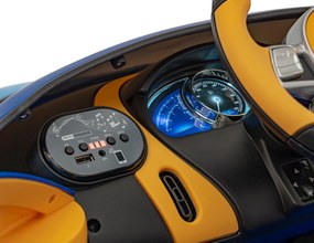 Ramiz Bugatti Chiron batérie pre deti Modrá + Diaľkové ovládanie + Nosič batožiny + EVA + Tlmiče + LED Audio