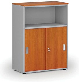 Kombinovaná kancelárska skriňa so zásuvnými dverami PRIMO GRAY, 800 x 420 x 1087 mm, sivá/čerešňa