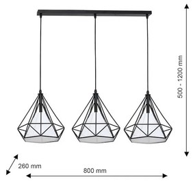 Závesné svietidlo Triangolo, 3x textilné/čierne drôtené tienidlo, b