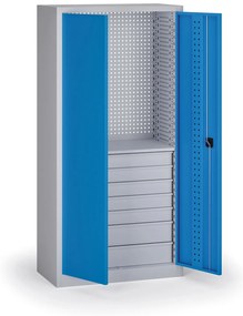 Policová dielenská skriňa 2-dverová, 1 police + 7 zásuviek, 1950 × 950 × 500 mm, modré dvere