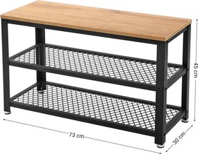 Lavička na topánky s 2 čiernymi sieťovanými policami, svetlá farba dreva