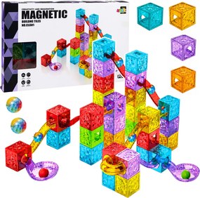 LEAN Toys Magnetické stavebné kocky – kocky, guľôčková dráha, farebné, 60 ks.