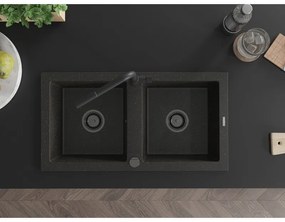 Mexen Mario, 2-komorový granitový drez 820x436x161 mm a drezová batéria Flora, čierna-zlatá metalíza, 6504-75-670401-70-B