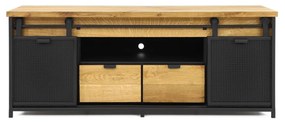 Čierna kovová TV skrinka s dvierkami na koľajnici a 2 drevenými zásuvkami, 150x40x60 cm