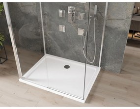 Mexen Omega, 3-stenový sprchovací kút s posuvnými dverami 130 (dvere) x 90 (stena) x 190 cm, 8mm číre sklo, chrómový profil + biela sprchová vanička SLIM, 825-130-100-01-00-3S-4010