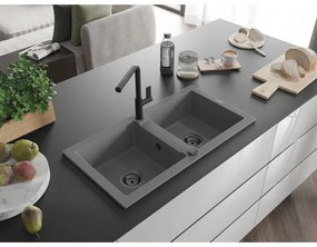 Mexen Mario, 2-komorový granitový drez 820x436x161 mm a drezová batéria Flora, šedá, 6504-71-670401-70-B