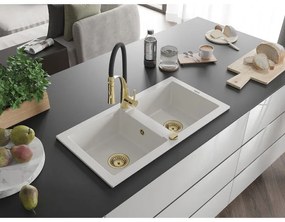 Mexen Mario, granitový drez 820x436x161 mm, 2-komorový a drezová batéria Aster, biela, 6504-20-73450-57-G