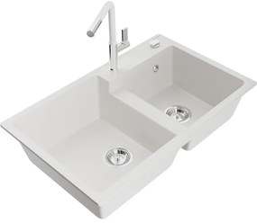 Mexen Tomas, 2-komorový granitový drez 800x500x190 mm a drezová batéria Flora, biela, 6516-20-670401-02