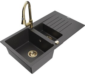 Mexen Matias, 1,5-komorový granitový drez 900x505x200 mm a drezová batéria Elia, čierna škvrnitá, 6502-76-670101-50