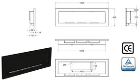 Závesný biokrb na stenu GRAND ČIERNY MAT SO SKLOM 120x40x12