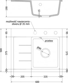 Mexen Ben, 1-komorový granitový drez 600x500x190 mm, pravý + chrómový sifón, šedá, 6523605000-71