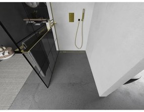 Mexen Kioto+, sprchová zástena s poličkou a držiakom na uteráky 130 x 200 cm, 8mm číre sklo vzor čierny, zlatý profil, 800-130-121-50-77