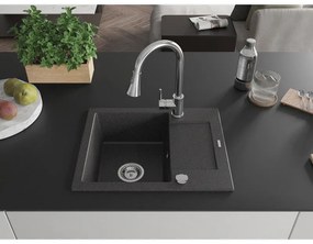 Mexen Enzo, 1-komorový granitový drez 576x465x174 mm a drezová batéria Elia, čierna škvrnitá, 6506-76-670101-00