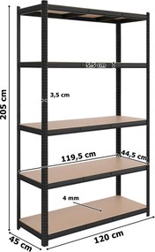 Dílenský regál SUSAA 5 polic 205x120x45 cm černý