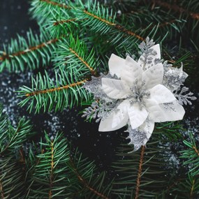 Vianočná dekorácia Poinsettia so štipcom strieborná, sada 6 ks