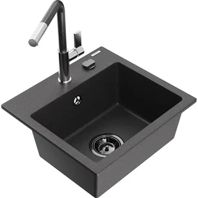 Mexen Milo, 1-komorový granitový drez 435x410x171 mm a drezová batéria Flora, čierna škvrnitá, 6505-76-670401-08-B