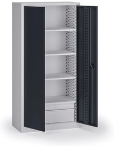 Policová dielenská skriňa 2-dverová, 4 police + 2 zásuvky, 1950 × 950 × 500 mm, grafitové dvere