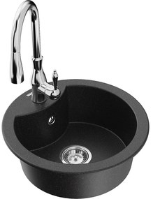 Mexen Diego, 1-komorový granitový drez 488x488x167 mm a drezová batéria Savita, čierna-strieborná metalíza, 6512-73-672601-00