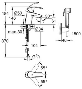 GROHE Eurosmart - Páková umývadlová batéria, s bidetovou sprškou, veľkosť S, chróm 23124002