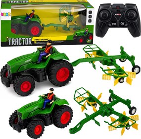 LEAN Toys Poľnohospodársky traktor s hrabacou lištou a farmárom, diaľkovo ovládaný RC, so svetlami, mierka 1:24