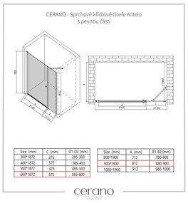 CERANO - Sprchové krídlové dvere Antelo s pevnou časťou L/P - chróm, transparentné sklo - 90x60 cm, CER-CER-435851
