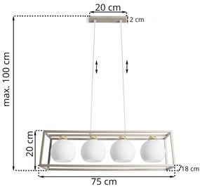 Závesné svietidlo Eliza Cage, 4x biele sklenené tienidlo v kovovom ráme