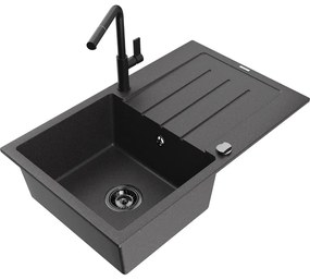 Mexen Bruno, 1-komorový granitový drez 795x495x200 mm a drezová batéria Flora, čierna škvrnitá, 6513-76-670401-70-B