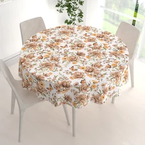 Biante Bavlnený okrúhly obrus Sandra SA-458 Hnedé kvety magnólie s motýlikmi na bielom Ø 80 cm