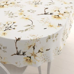 Biante Bavlnený oválny obrus Sandra SA-582 Žlté kvety s vetvičkami na bielom 140x220 cm