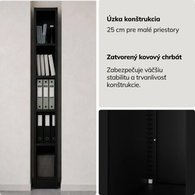 Úzky kovový archivačný regál na dokumenty čierny, 250x1850x400 mm: TIM