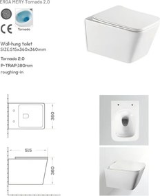 Erga Mery+, závesná WC misa 515x360x360mm, Rimless Tornado 2 + toaletné sedadlo s pomalým zatváraním, biela, ERG-V03-MERY-TO2-WH