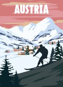 Ilustrácia Austria Ski resort poster, retro. Alpes, VectorUp