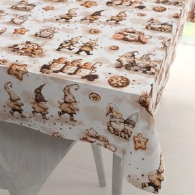 Biante Bavlnený obdĺžnikový obrus Sandra SA-663 Hnedí škriatkovia s perníčkami na bielom 50x100 cm