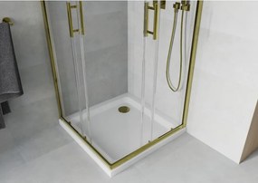 Mexen Rio, štvorcový sprchovací kút s posuvnými dverami 80(dvere) x 80(dvere) x 190 cm, 6mm číre sklo, zlatý profil + biela sprchová vanička SLIM, 860-080-080-50-00-4010G